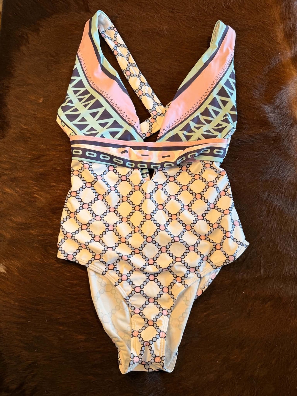 Geometric Print One-Piece Swimsuit in Pink and Blue